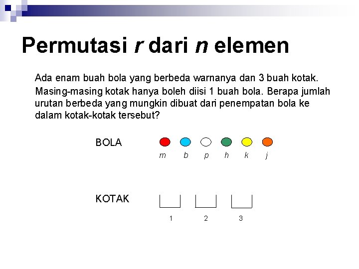 Permutasi r dari n elemen Ada enam buah bola yang berbeda warnanya dan 3