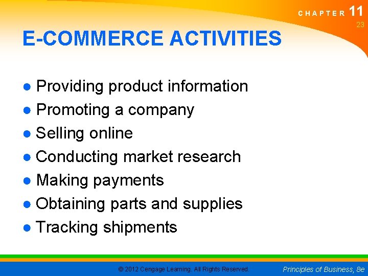 CHAPTER E-COMMERCE ACTIVITIES 11 23 ● Providing product information ● Promoting a company ●