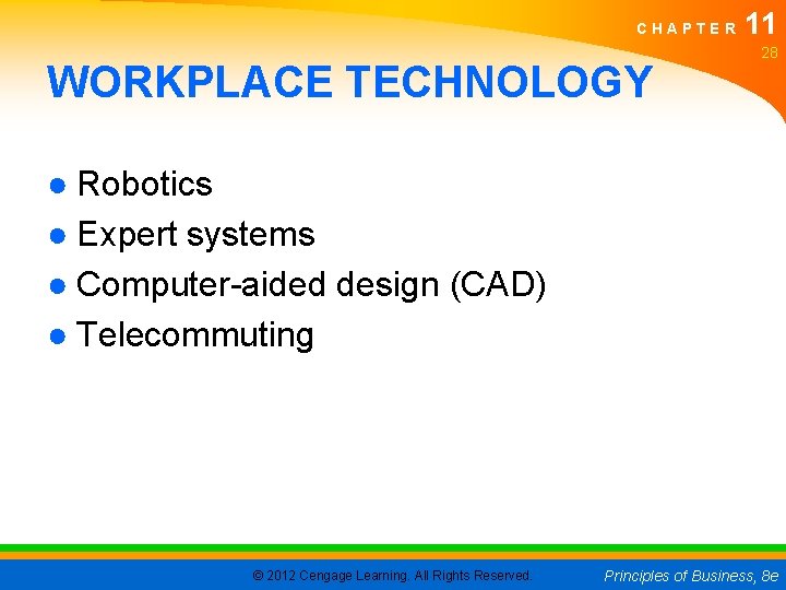 CHAPTER WORKPLACE TECHNOLOGY 11 28 ● Robotics ● Expert systems ● Computer-aided design (CAD)