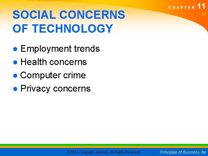 SOCIAL CONCERNS OF TECHNOLOGY CHAPTER 11 32 ● Employment trends ● Health concerns ●