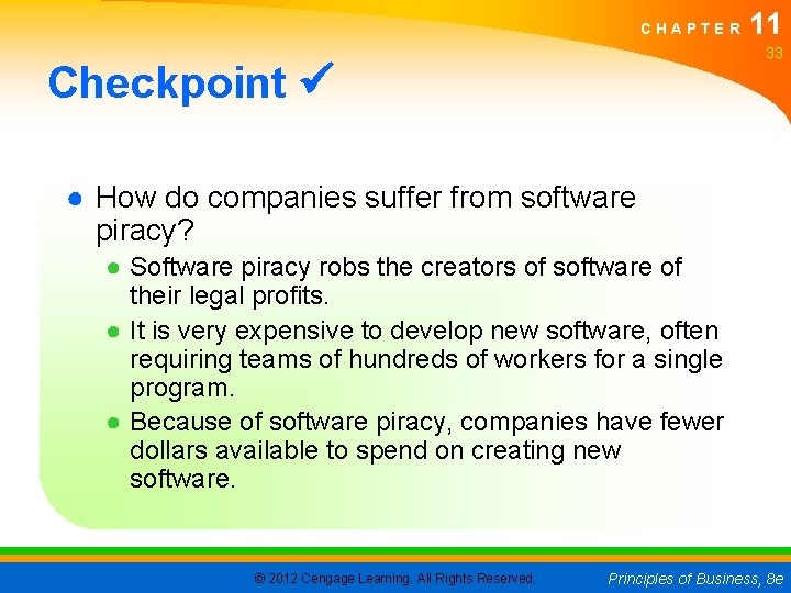 CHAPTER 11 33 Checkpoint ● How do companies suffer from software piracy? ● Software