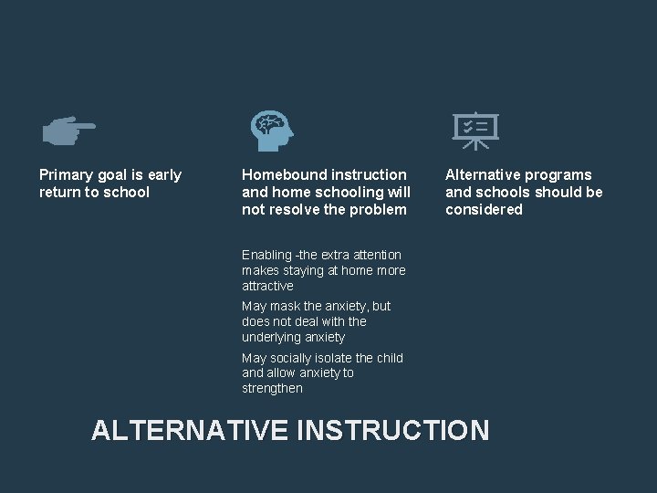 Primary goal is early return to school Homebound instruction and home schooling will not
