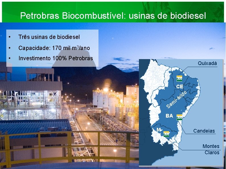 Petrobras Biocombustível: usinas de biodiesel • Três usinas de biodiesel • Capacidade: 170 mil