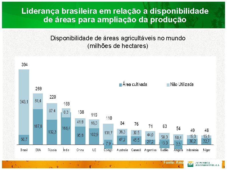 Liderança brasileira em relação a disponibilidade de áreas para ampliação da produção Disponibilidade de