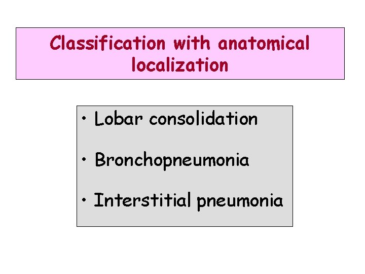 Classification with anatomical localization • Lobar consolidation • Bronchopneumonia • Interstitial pneumonia 