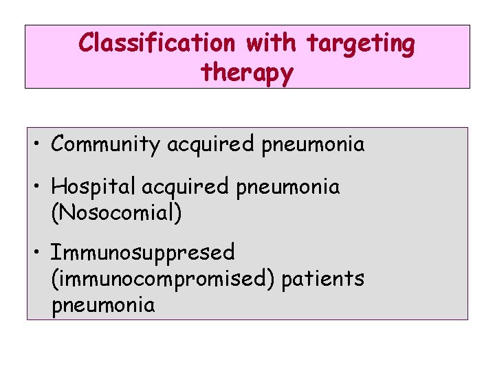 Classification with targeting therapy • Community acquired pneumonia • Hospital acquired pneumonia (Nosocomial) •