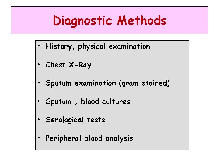 Diagnostic Methods • History, physical examination • Chest X-Ray • Sputum examination (gram stained)
