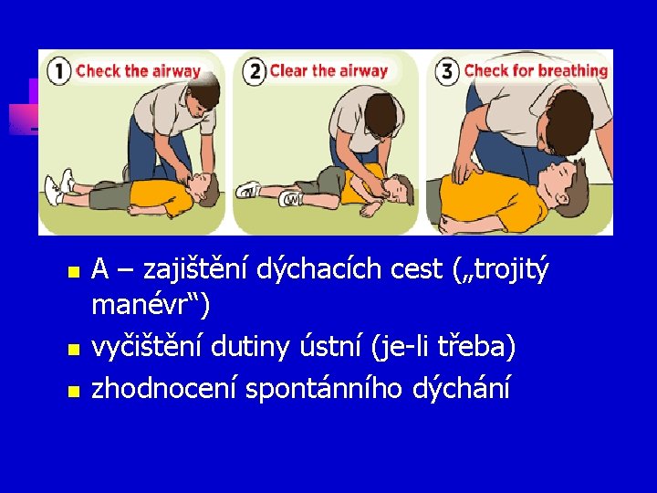 n n n A – zajištění dýchacích cest („trojitý manévr“) vyčištění dutiny ústní (je-li