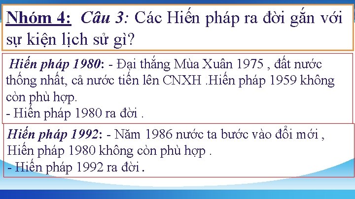 Nhóm 4: Câu 3: Các Hiến pháp ra đời gắn với sự kiện lịch