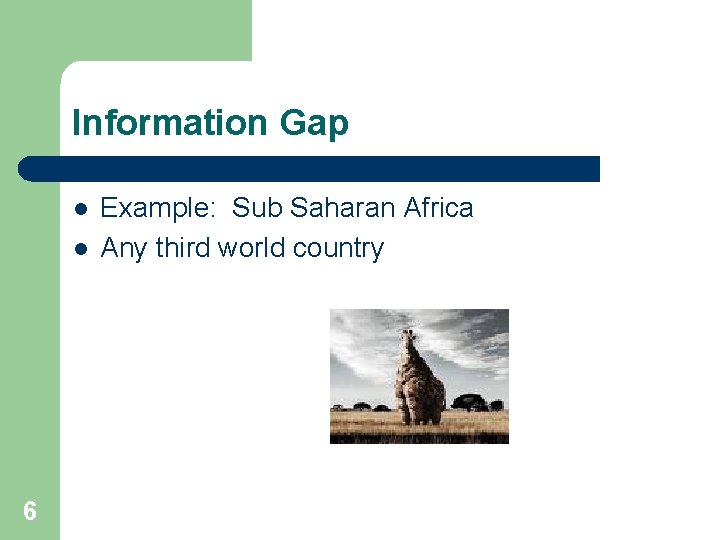 Information Gap l l 6 Example: Sub Saharan Africa Any third world country 