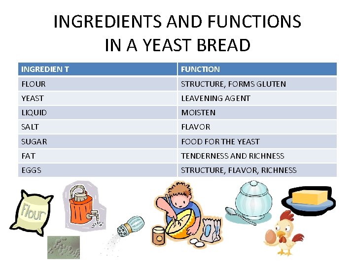 INGREDIENTS AND FUNCTIONS IN A YEAST BREAD INGREDIEN T FUNCTION FLOUR STRUCTURE, FORMS GLUTEN