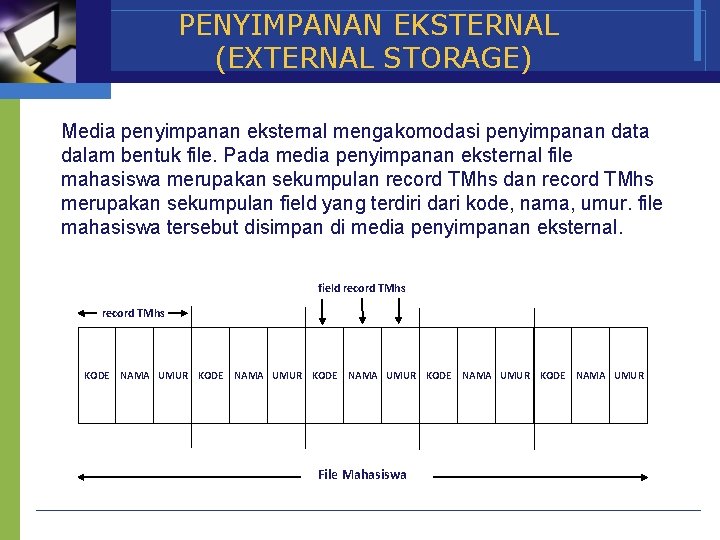 PENYIMPANAN EKSTERNAL (EXTERNAL STORAGE) Media penyimpanan eksternal mengakomodasi penyimpanan data dalam bentuk file. Pada