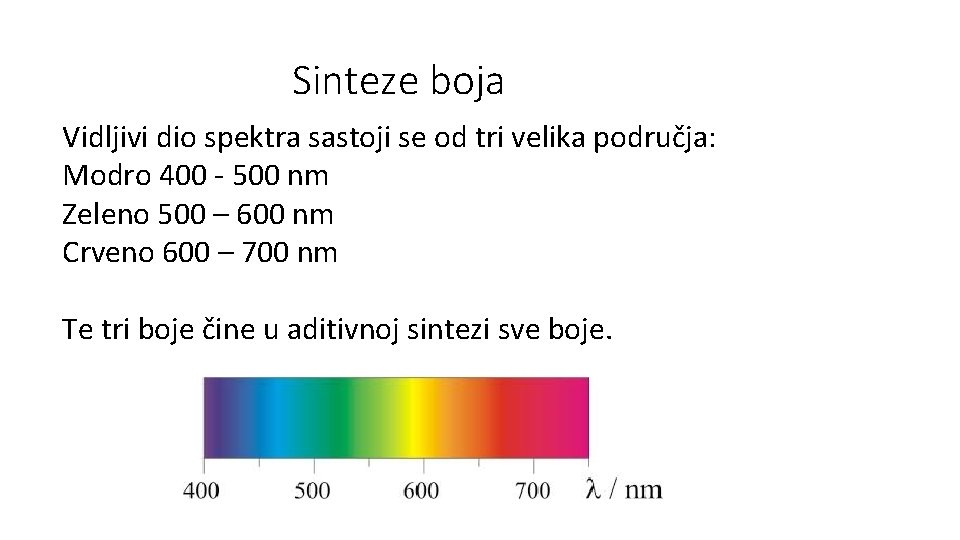 Sinteze boja Vidljivi dio spektra sastoji se od tri velika područja: Modro 400 -