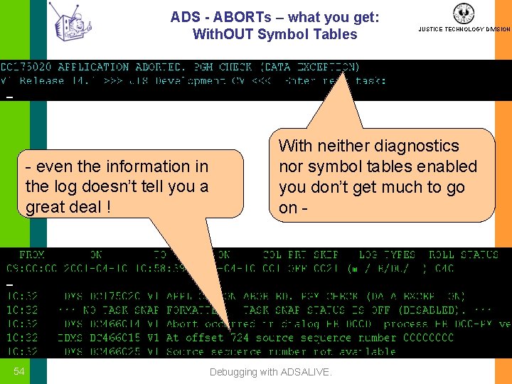 ADS - ABORTs – what you get: With. OUT Symbol Tables - even the