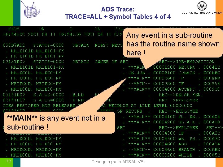 ADS Trace: TRACE=ALL + Symbol Tables 4 of 4 JUSTICE TECHNOLOGY DIVISION Any event