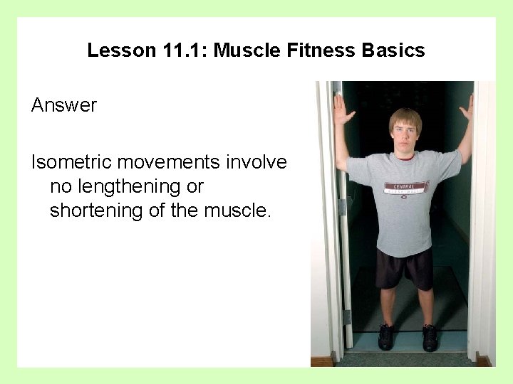Lesson 11. 1: Muscle Fitness Basics Answer Isometric movements involve no lengthening or shortening