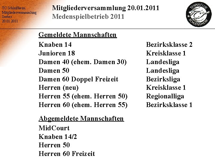 TC Schleißheim Mitgliederversammlung Seeber 20. 01. 2011 Mitgliederversammlung 20. 01. 2011 Medenspielbetrieb 2011 Gemeldete