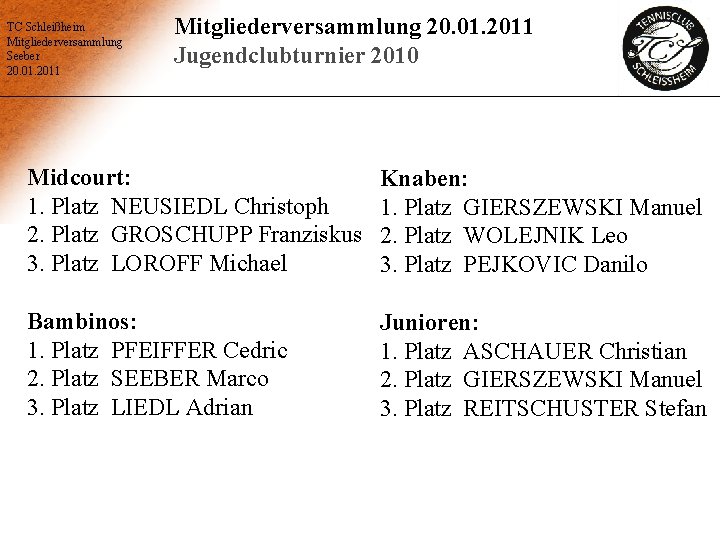 TC Schleißheim Mitgliederversammlung Seeber 20. 01. 2011 Mitgliederversammlung 20. 01. 2011 Jugendclubturnier 2010 Midcourt: