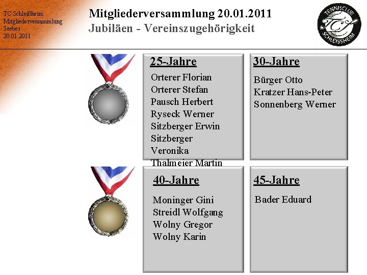 TC Schleißheim Mitgliederversammlung Seeber 20. 01. 2011 Mitgliederversammlung 20. 01. 2011 Jubiläen - Vereinszugehörigkeit
