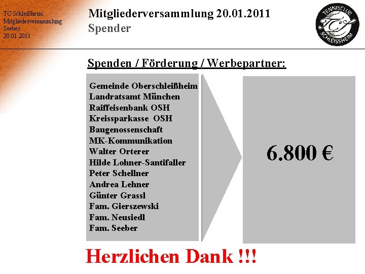 TC Schleißheim Mitgliederversammlung Seeber 20. 01. 2011 Mitgliederversammlung 20. 01. 2011 Spender Spenden /