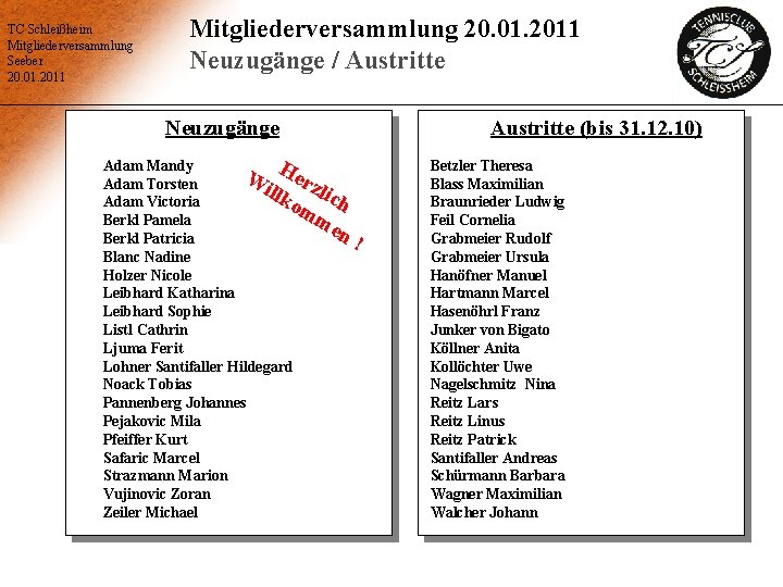 TC Schleißheim Mitgliederversammlung Seeber 20. 01. 2011 Mitgliederversammlung 20. 01. 2011 Neuzugänge / Austritte