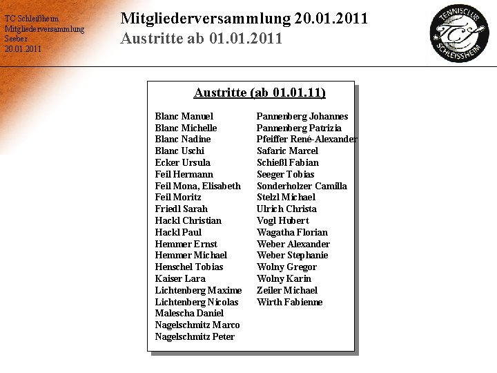 TC Schleißheim Mitgliederversammlung Seeber 20. 01. 2011 Mitgliederversammlung 20. 01. 2011 Austritte ab 01.