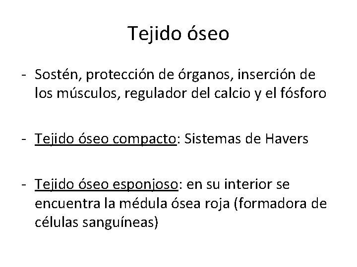 Tejido óseo - Sostén, protección de órganos, inserción de los músculos, regulador del calcio