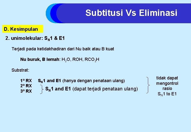 Subtitusi Vs Eliminasi D. Kesimpulan 2. unimolekular: SN 1 & E 1 Terjadi pada