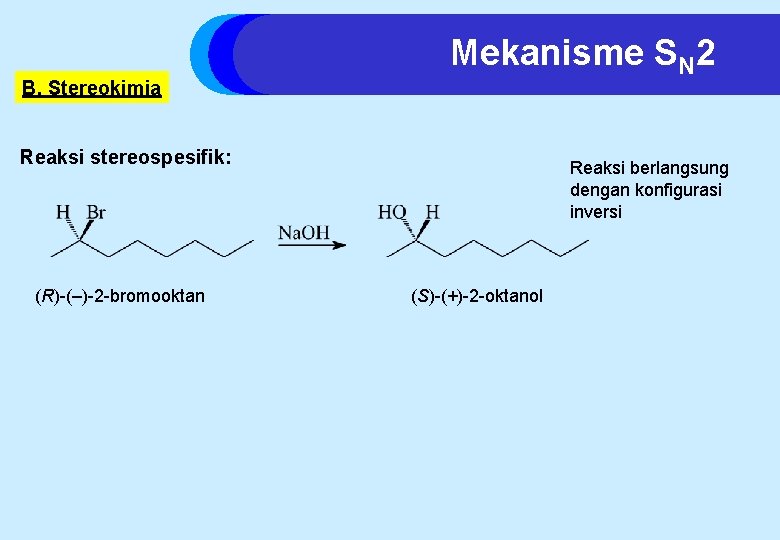 B. Stereokimia Mekanisme SN 2 Reaksi stereospesifik: (R)-(–)-2 -bromooktan Reaksi berlangsung dengan konfigurasi inversi