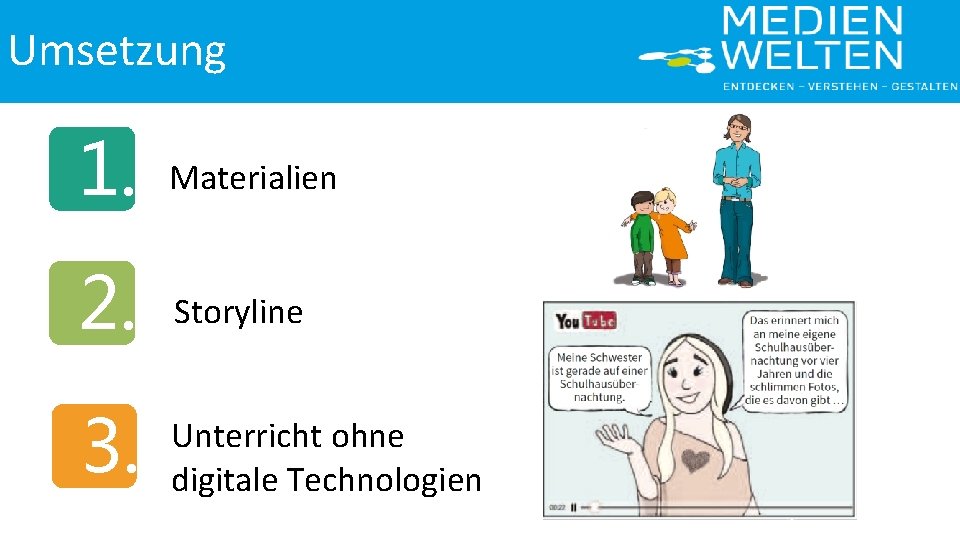 Umsetzung 1. Materialien 2. Storyline 3. Unterricht ohne digitale Technologien 