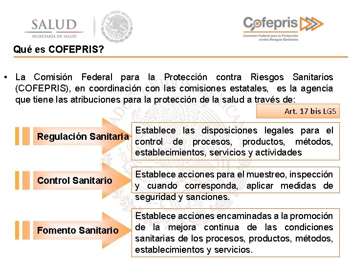 Qué es COFEPRIS? • La Comisión Federal para la Protección contra Riesgos Sanitarios (COFEPRIS),