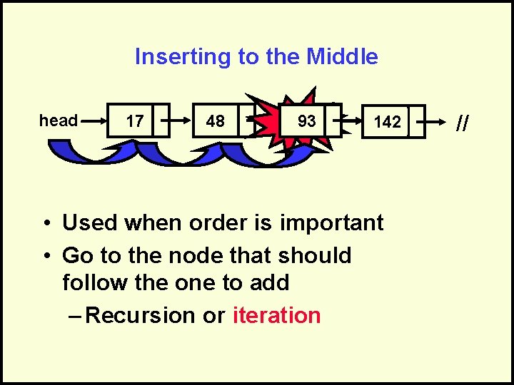 Inserting to the Middle head 17 48 142 93 //142 • Used when order