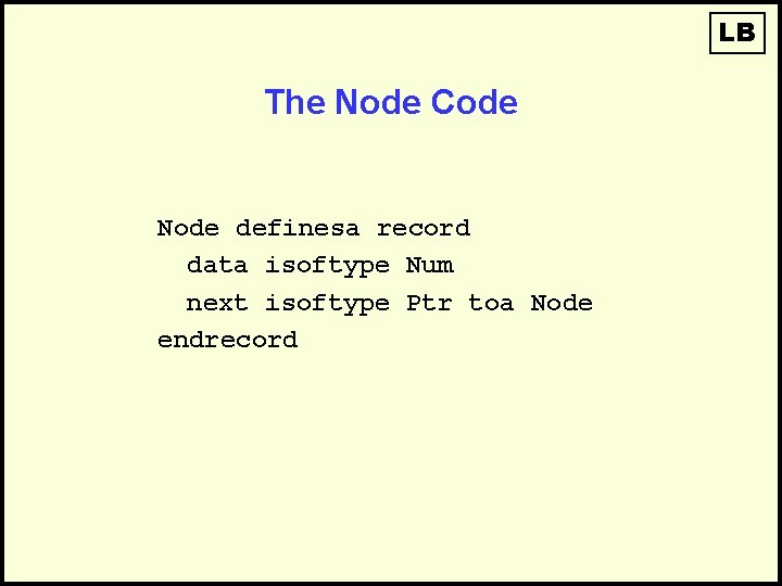 LB The Node Code Node definesa record data isoftype Num next isoftype Ptr toa LB The Node Code Node definesa record data isoftype Num next isoftype Ptr toa