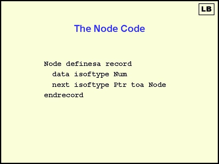 LB The Node Code Node definesa record data isoftype Num next isoftype Ptr toa