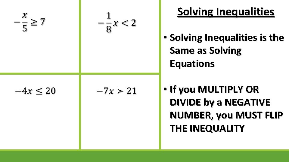  Solving Inequalities • Solving Inequalities is the Same as Solving Equations • If