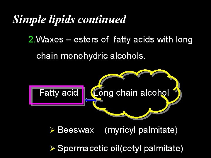 Simple lipids continued 2. Waxes – esters of fatty acids with long chain monohydric