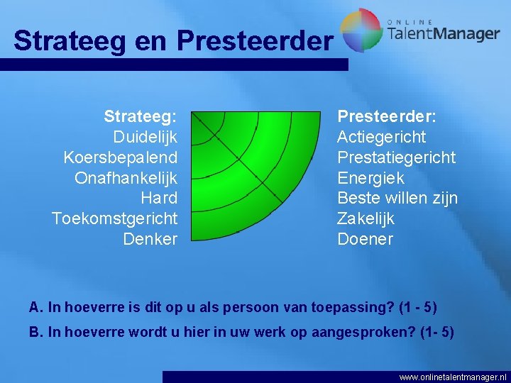 Strateeg en Presteerder Strateeg: Duidelijk Koersbepalend Onafhankelijk Hard Toekomstgericht Denker Presteerder: Actiegericht Prestatiegericht Energiek