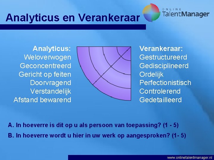 Analyticus en Verankeraar Analyticus: Weloverwogen Geconcentreerd Gericht op feiten Doorvragend Verstandelijk Afstand bewarend Verankeraar: