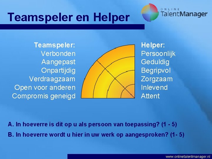 Teamspeler en Helper Teamspeler: Verbonden Aangepast Onpartijdig Verdraagzaam Open voor anderen Compromis geneigd Helper: