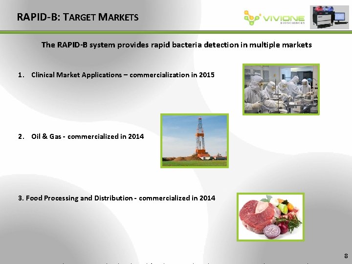 RAPID-B: TARGET MARKETS The RAPID-B system provides rapid bacteria detection in multiple markets 1.