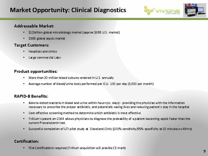 Market Opportunity: Clinical Diagnostics Addressable Market: • $12 billion global microbiology market (approx $6