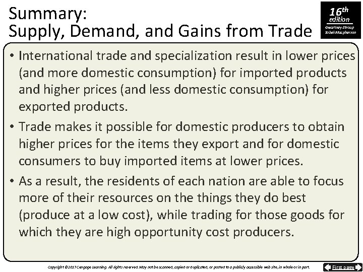 Summary: Supply, Demand, and Gains from Trade 16 th edition Gwartney-Stroup Sobel-Macpherson • International