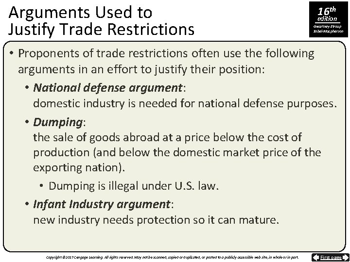 Arguments Used to Justify Trade Restrictions 16 th edition Gwartney-Stroup Sobel-Macpherson • Proponents of