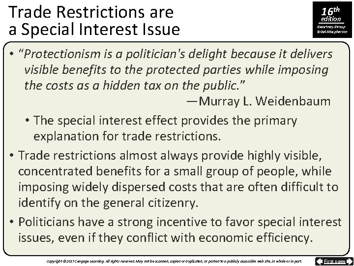 Trade Restrictions are a Special Interest Issue 16 th edition Gwartney-Stroup Sobel-Macpherson • “Protectionism