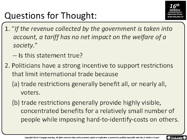 Questions for Thought: 16 th edition Gwartney-Stroup Sobel-Macpherson 1. “If the revenue collected by