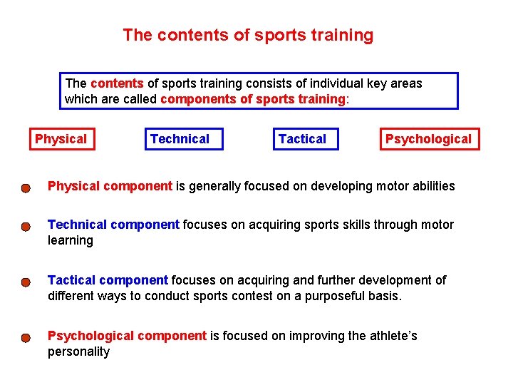 The contents of sports training consists of individual key areas which are called components