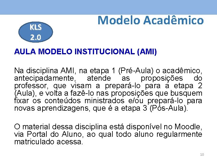 KLS 2. 0 Modelo Acadêmico AULA MODELO INSTITUCIONAL (AMI) Na disciplina AMI, na etapa