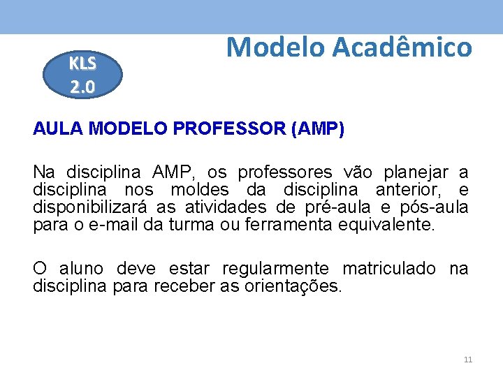 KLS 2. 0 Modelo Acadêmico AULA MODELO PROFESSOR (AMP) Na disciplina AMP, os professores