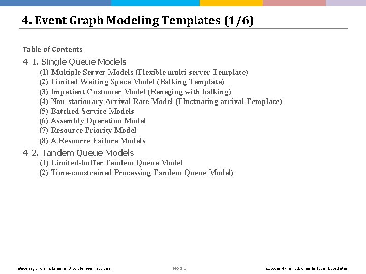 4. Event Graph Modeling Templates (1/6) Table of Contents 4 -1. Single Queue Models 4. Event Graph Modeling Templates (1/6) Table of Contents 4 -1. Single Queue Models