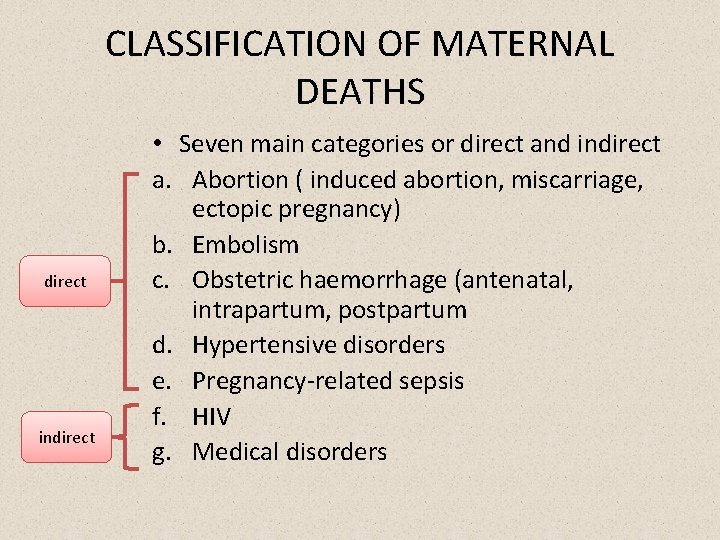 CLASSIFICATION OF MATERNAL DEATHS direct indirect • Seven main categories or direct and indirect